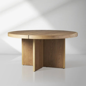 Mihaela Wood Oak Round Dining Table Wine Barrel Inspired Finish
