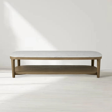 Danny Marble Top Coffee Table Oak Wood Cocktail Table Living Room Rectangle Center Tea Table