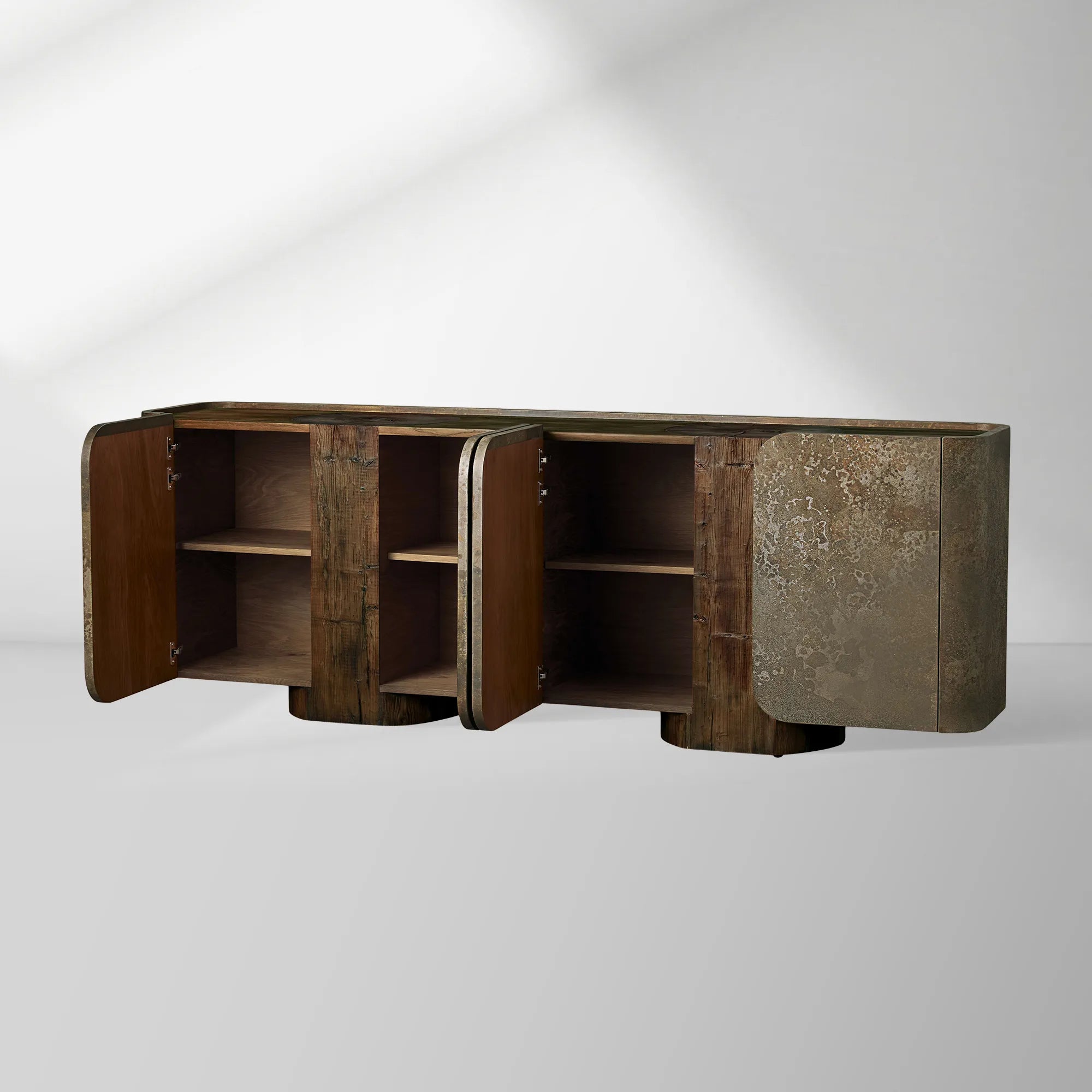 Alvaro Raw Wood Stumps Tabletop Sideboard Aluminum Buffet Table Living Room Entryways Cabinet