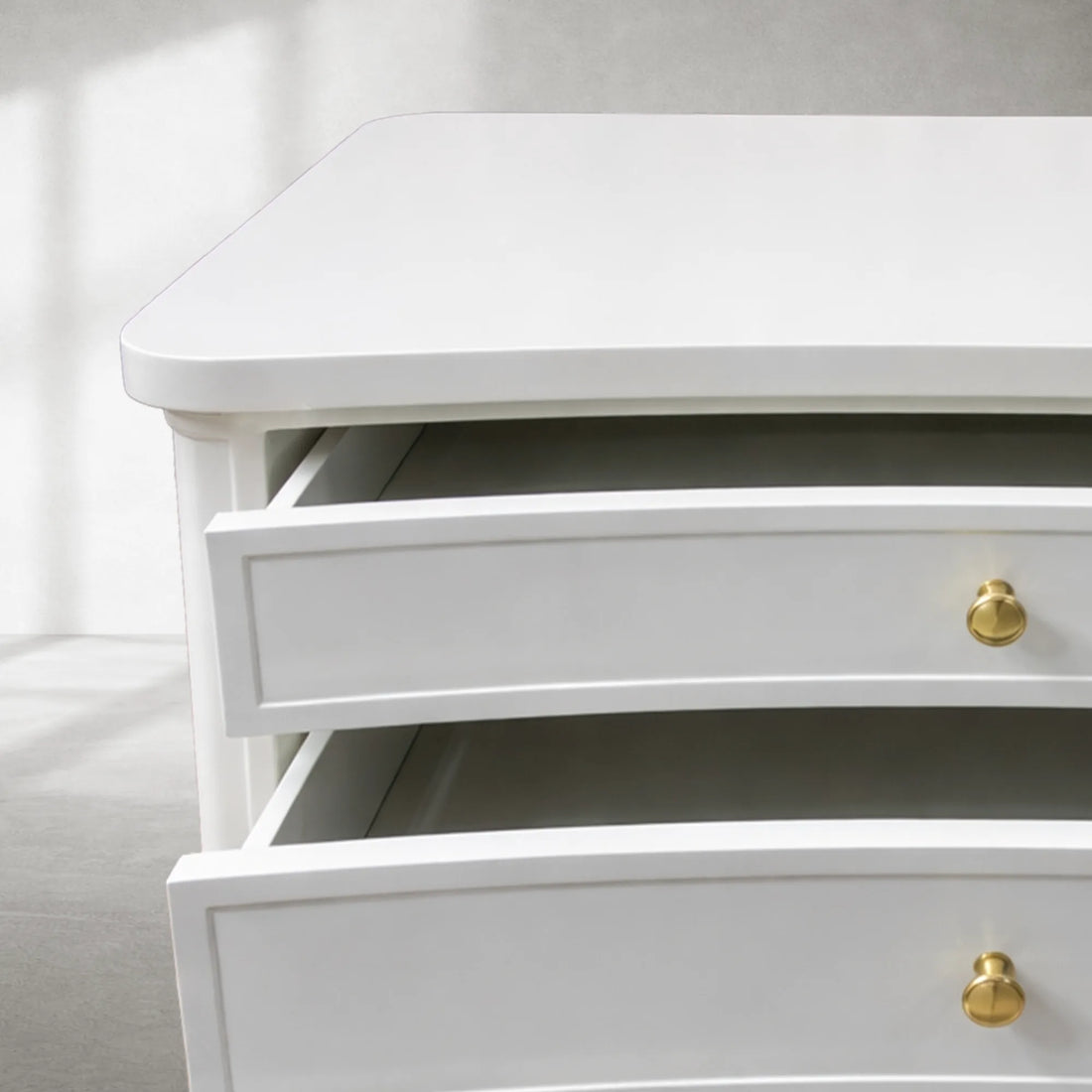 Elegant White Three-Drawer Side Table with Brass Knobs