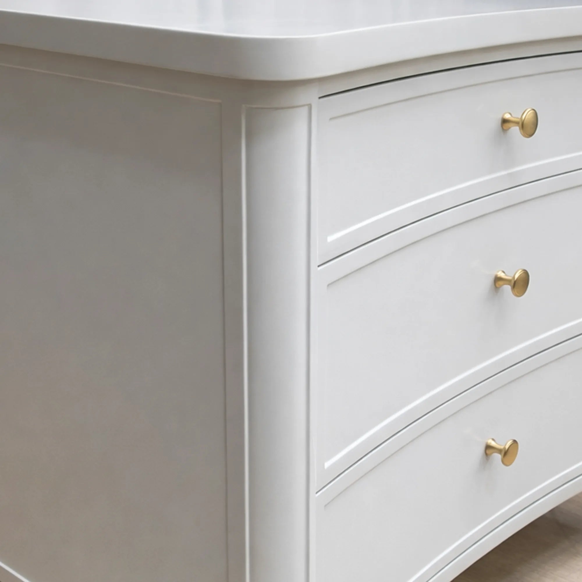 Elegant White Three-Drawer Side Table with Brass Knobs