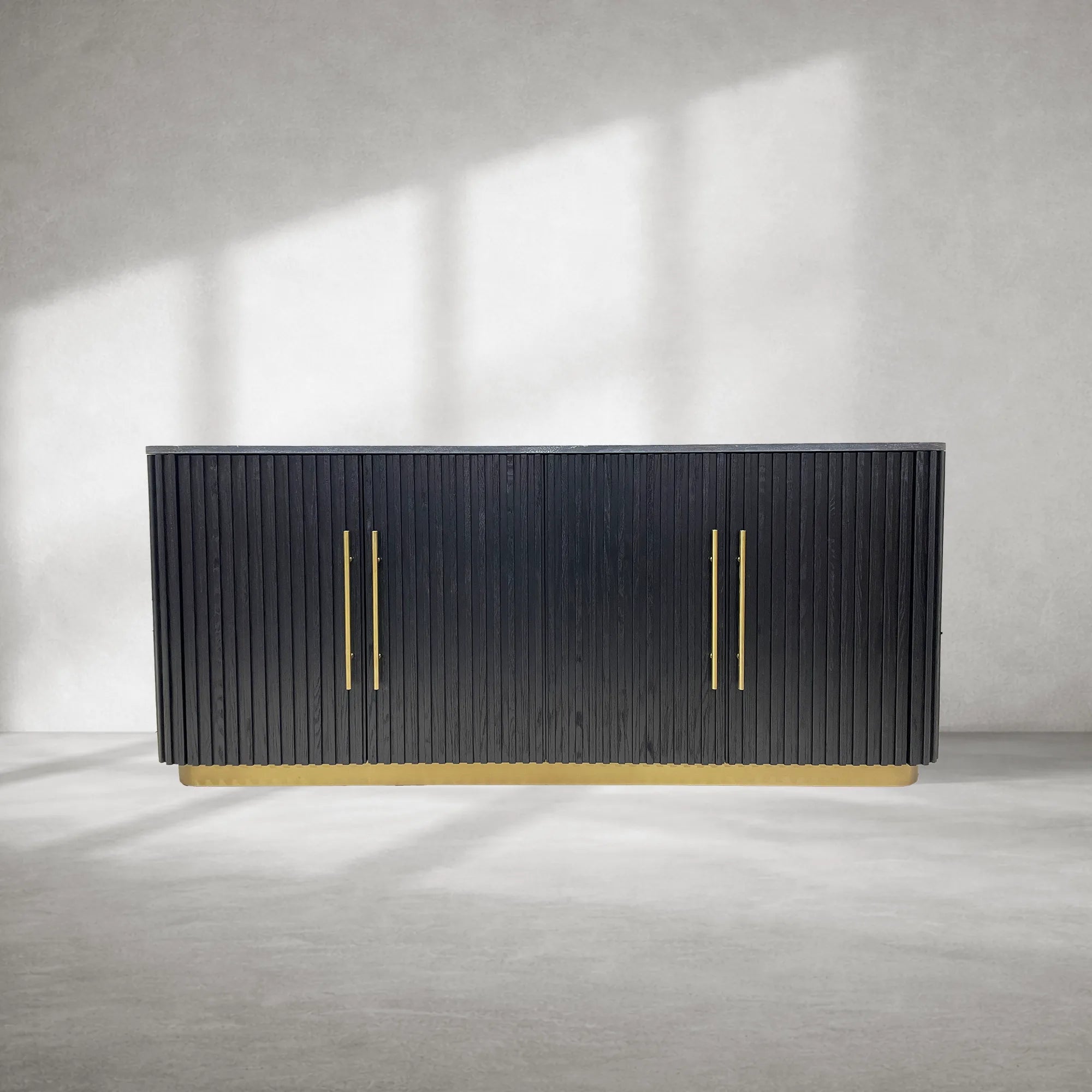 Mid-Century Modern Black Striped Sideboard with Gold Accents
