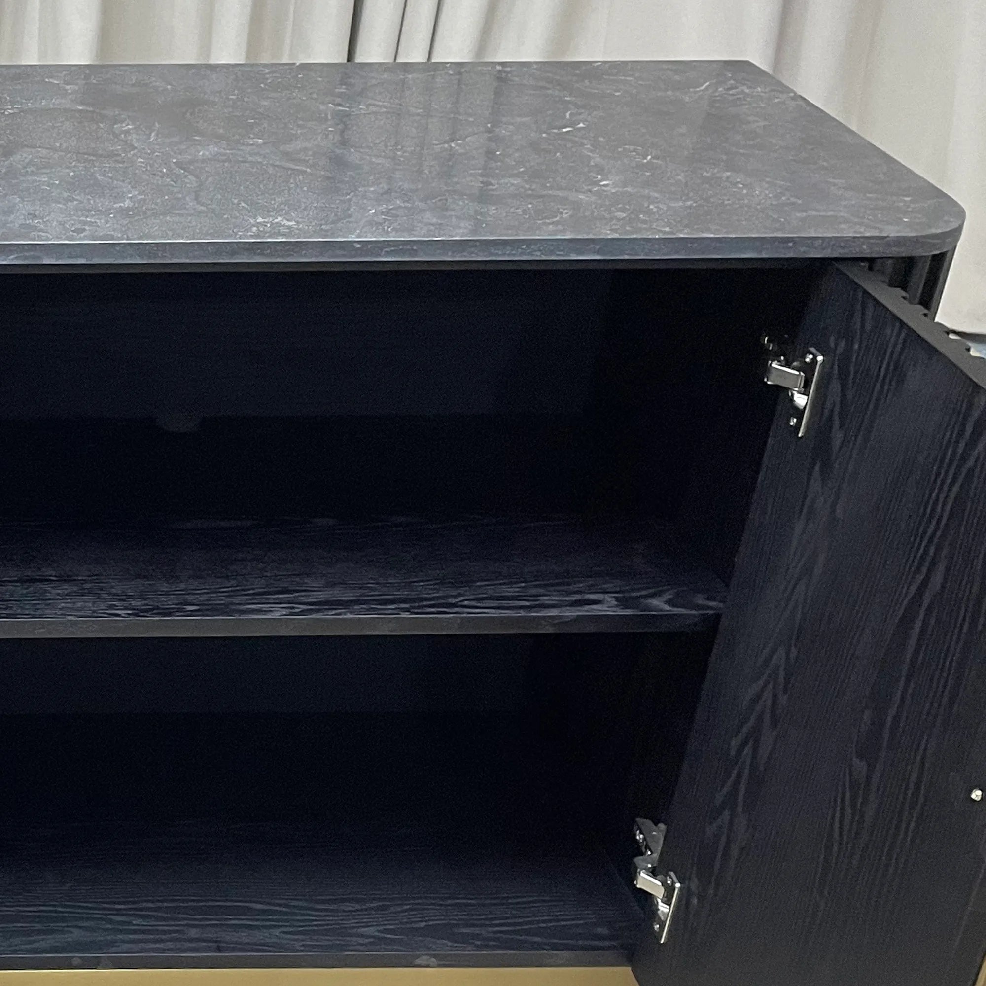 Mid-Century Modern Black Striped Sideboard with Gold Accents