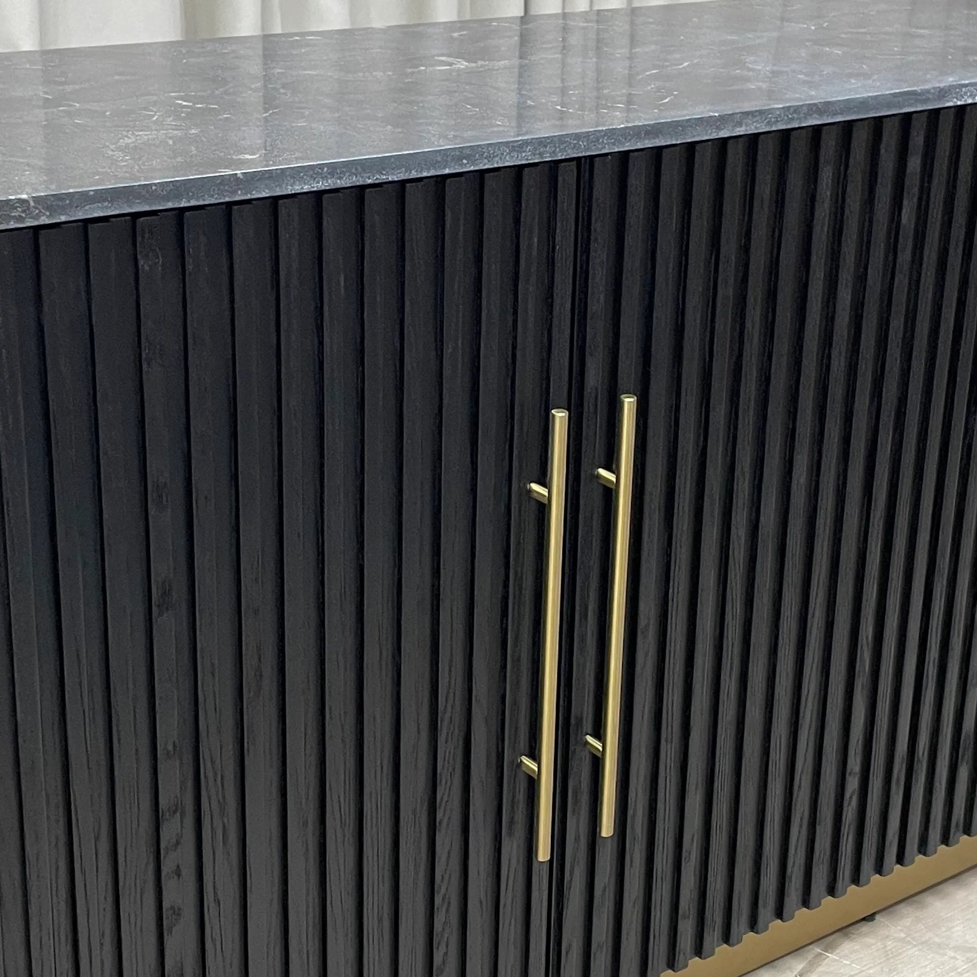 Mid-Century Modern Black Striped Sideboard with Gold Accents