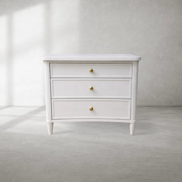 Elegant White Three-Drawer Side Table with Brass Knobs