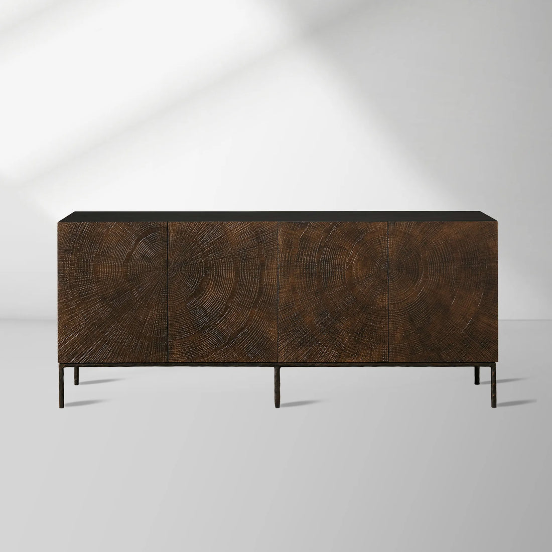 Theota Teak Sideboard Sunburst Pattern Buffet Table Wood Living Room Entryways Cabinet