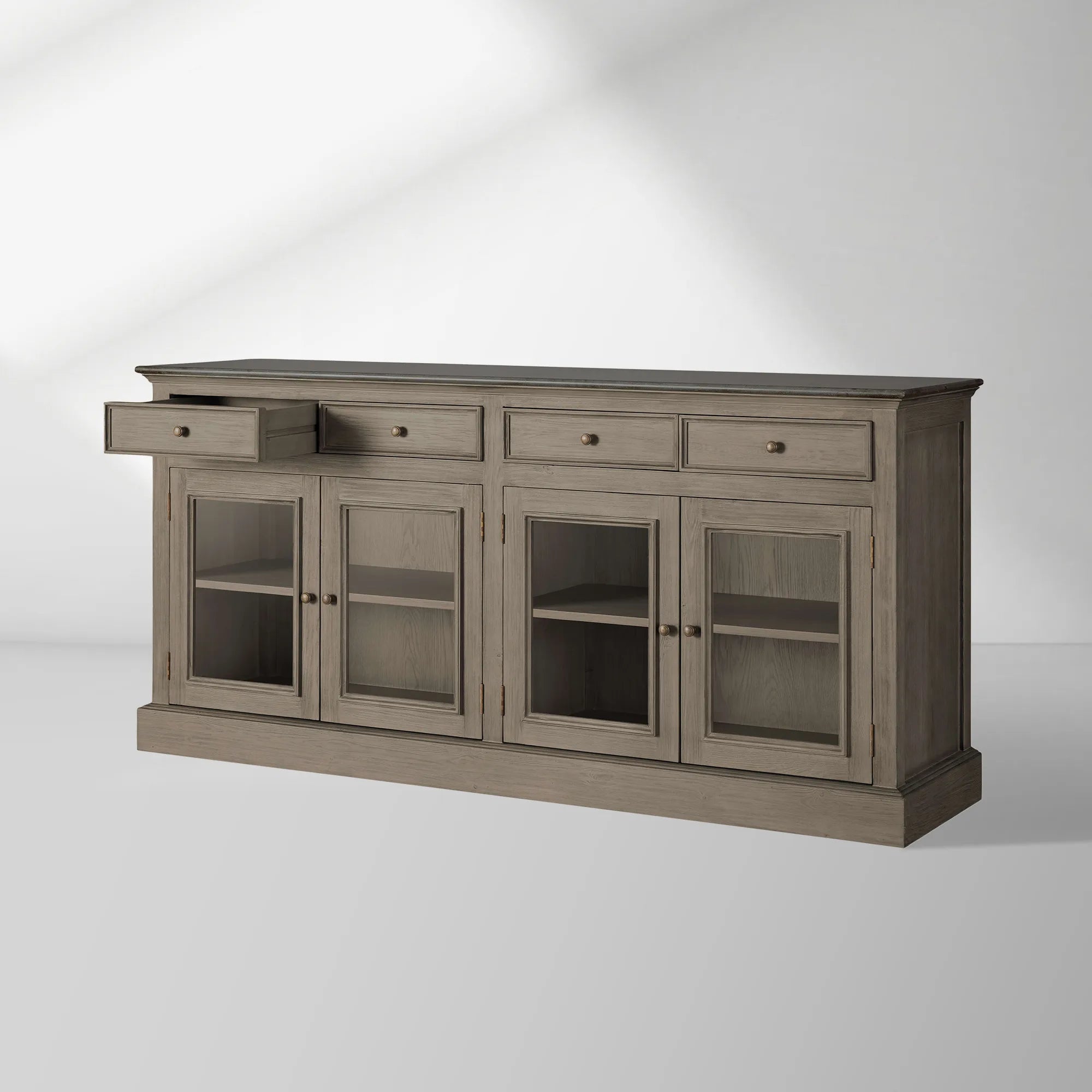 Kensington Marble Top Sideboard Wood Buffet Storage Entryways Side Cabinet With Glass Doors