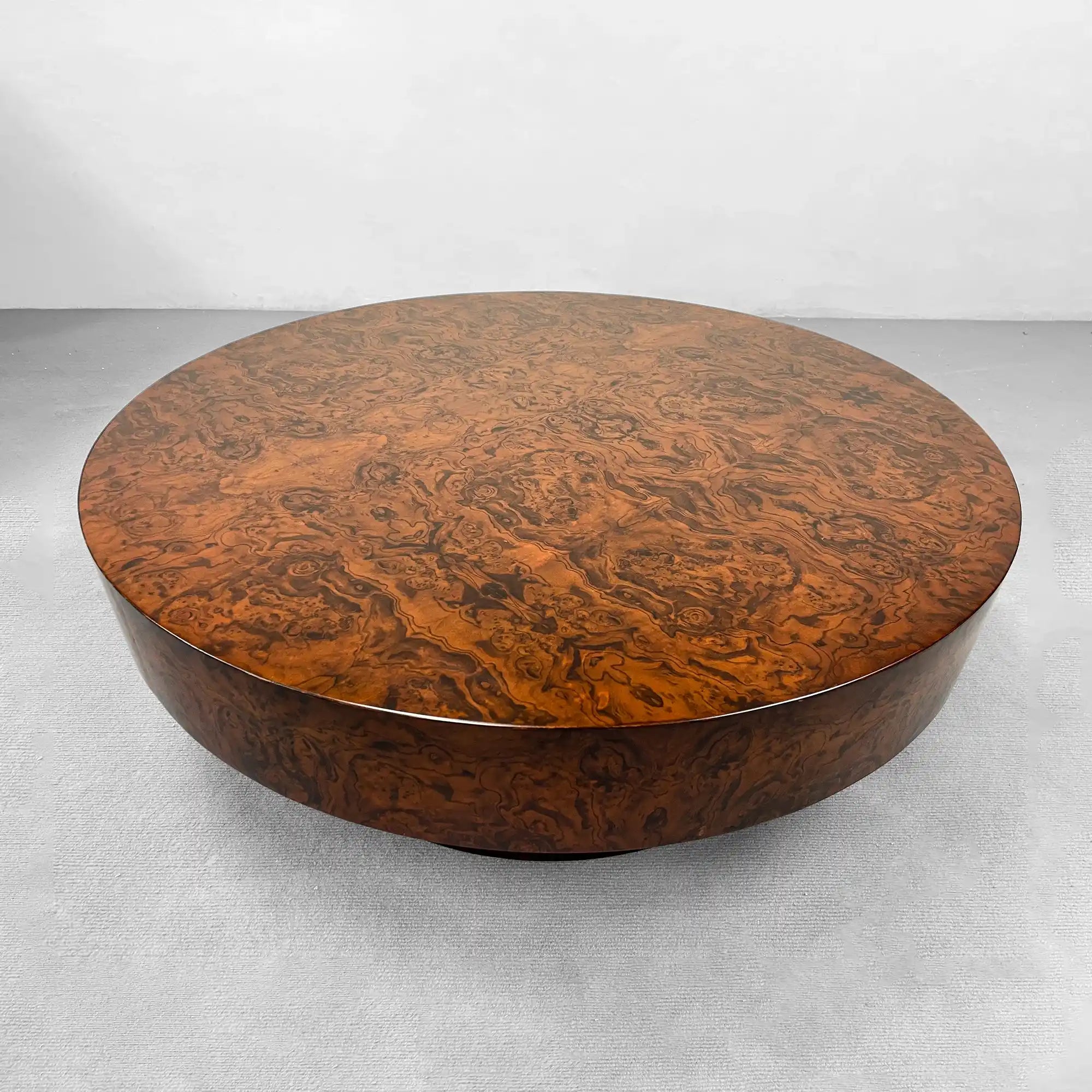 Cinzia Burl Round Coffee Table Walnut Wood Cocktail Table Plinth Base Sofa Center Tea Table
