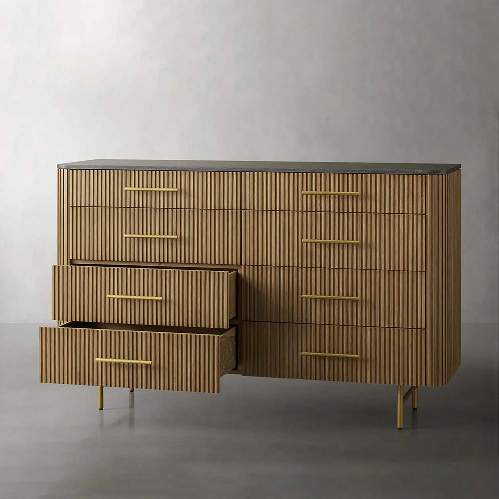 Finnley Wood Eight-Drawer Dresser with Marble or Bluestone Top Rural Chest Of 8 Drawers Cabinet