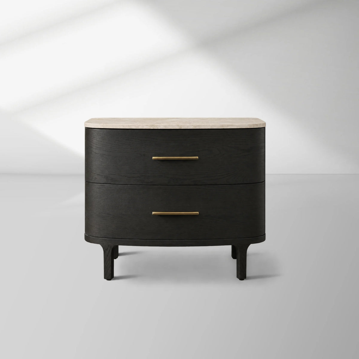 Danny Closed Nightstand Marble Top Bedside Table Brass Pulls Two-Drawer Chest