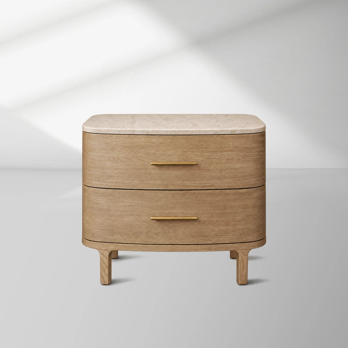 Danny Closed Nightstand Marble Top Bedside Table Brass Pulls Two-Drawer Chest