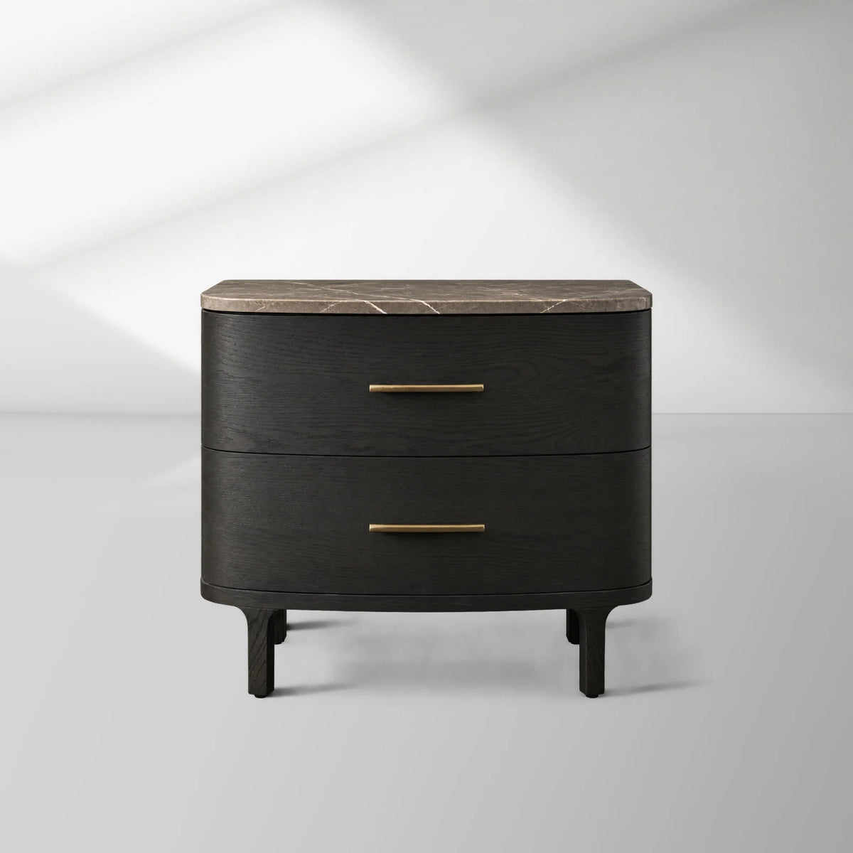 Danny Closed Nightstand Marble Top Bedside Table Brass Pulls Two-Drawer Chest