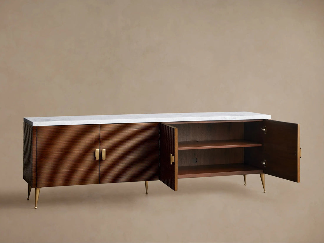 Giselle Media Console in Mahogany with Marble Top and Reeded Doors