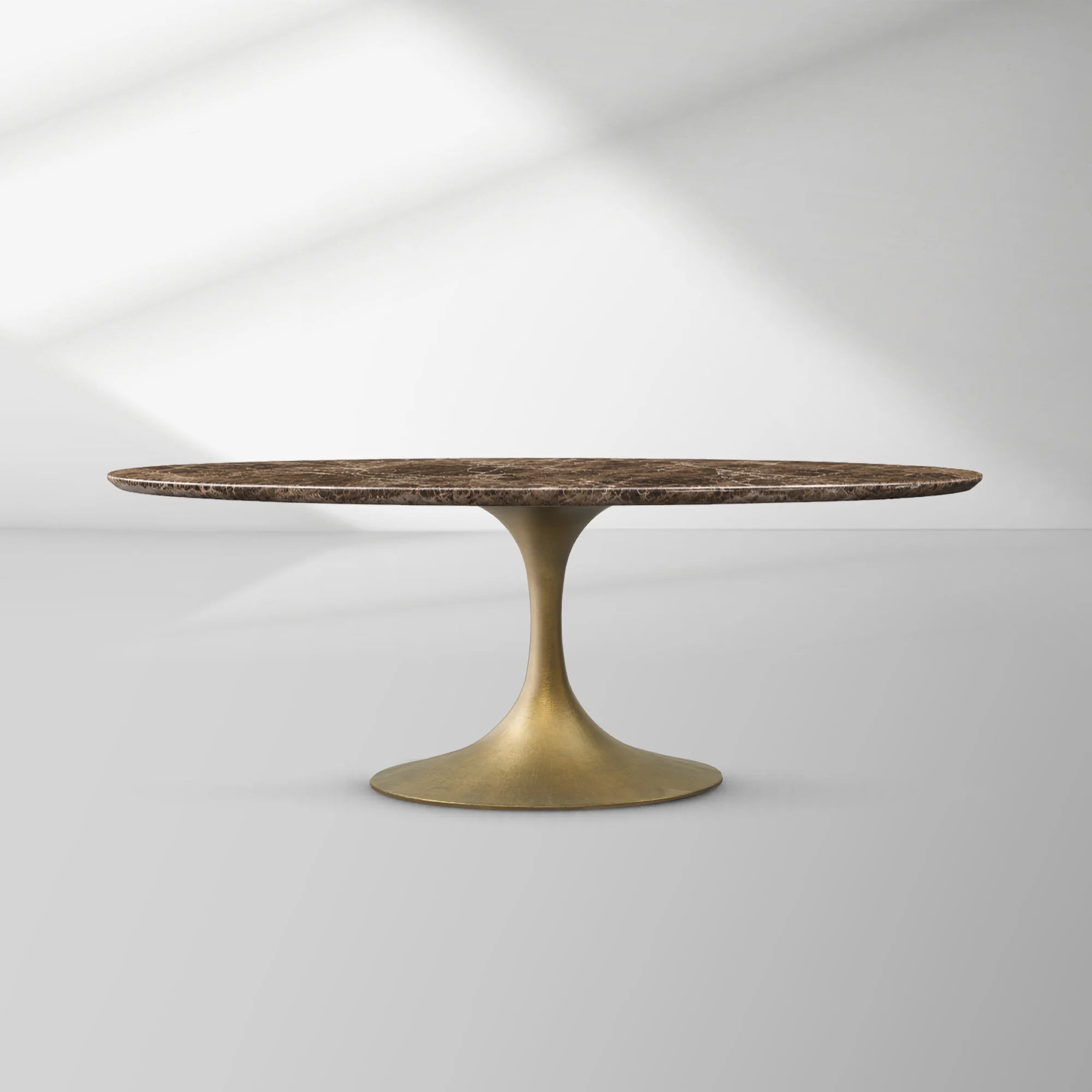 Aero Oval Stone Dining Table with Marble Top and Cast Steel Pedestal Base