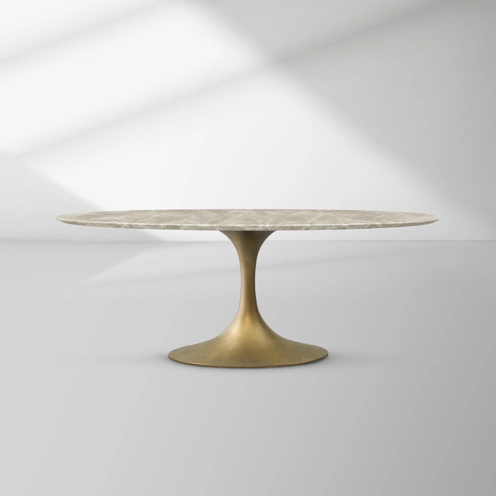 Aero Oval Stone Dining Table with Marble Top and Cast Steel Pedestal Base