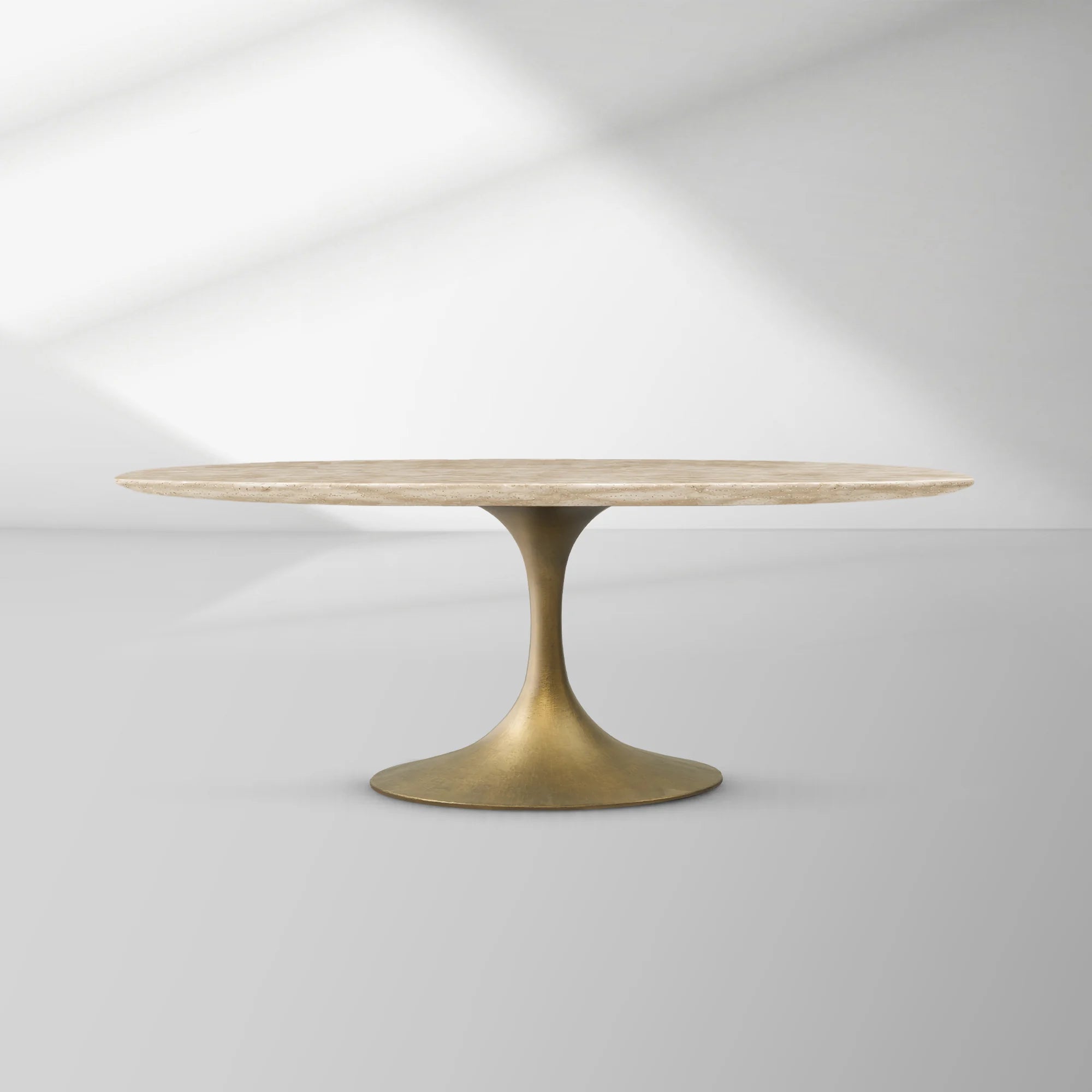Aero Oval Stone Dining Table with Marble Top and Cast Steel Pedestal Base