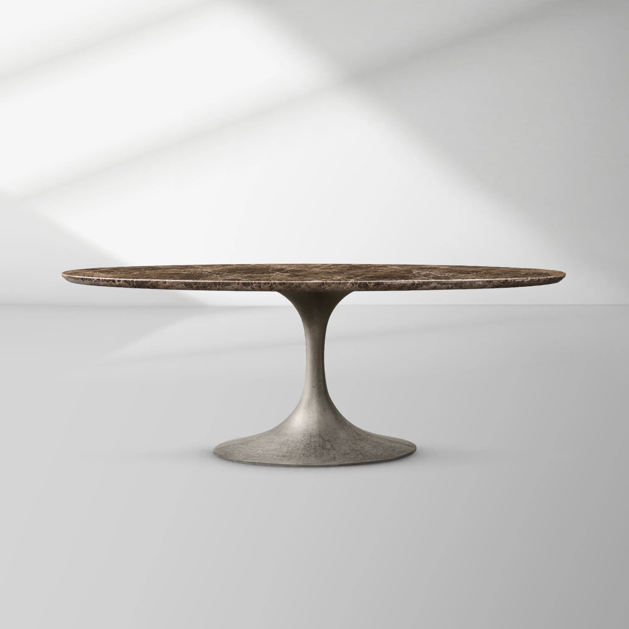 Aero Oval Stone Dining Table with Marble Top and Cast Steel Pedestal Base