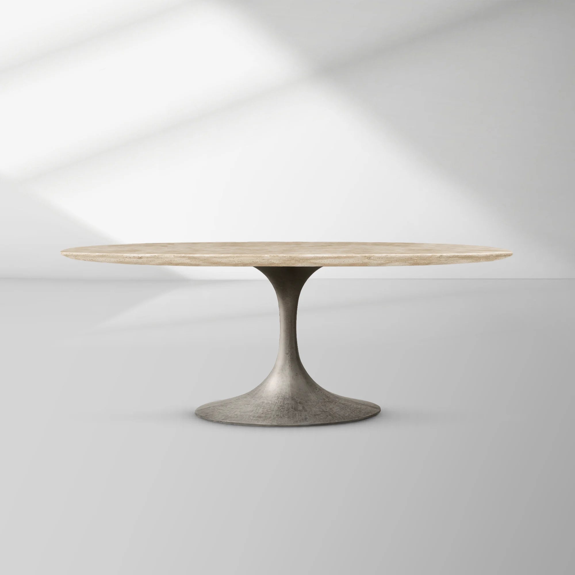 Aero Oval Stone Dining Table with Marble Top and Cast Steel Pedestal Base