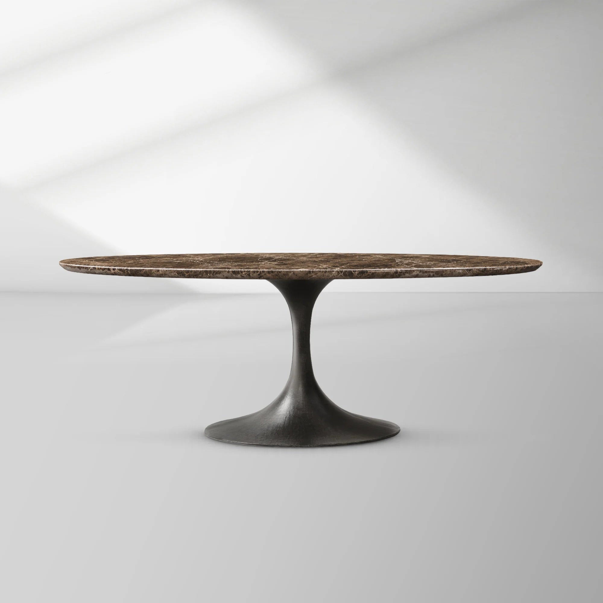 Aero Oval Stone Dining Table with Marble Top and Cast Steel Pedestal Base