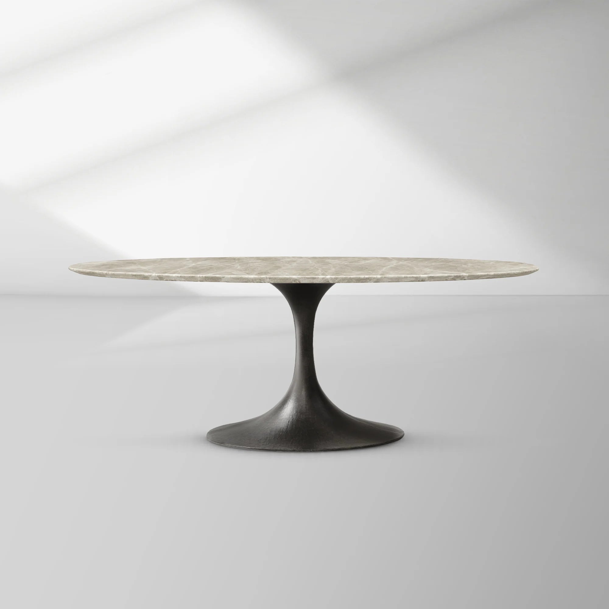Aero Oval Stone Dining Table with Marble Top and Cast Steel Pedestal Base