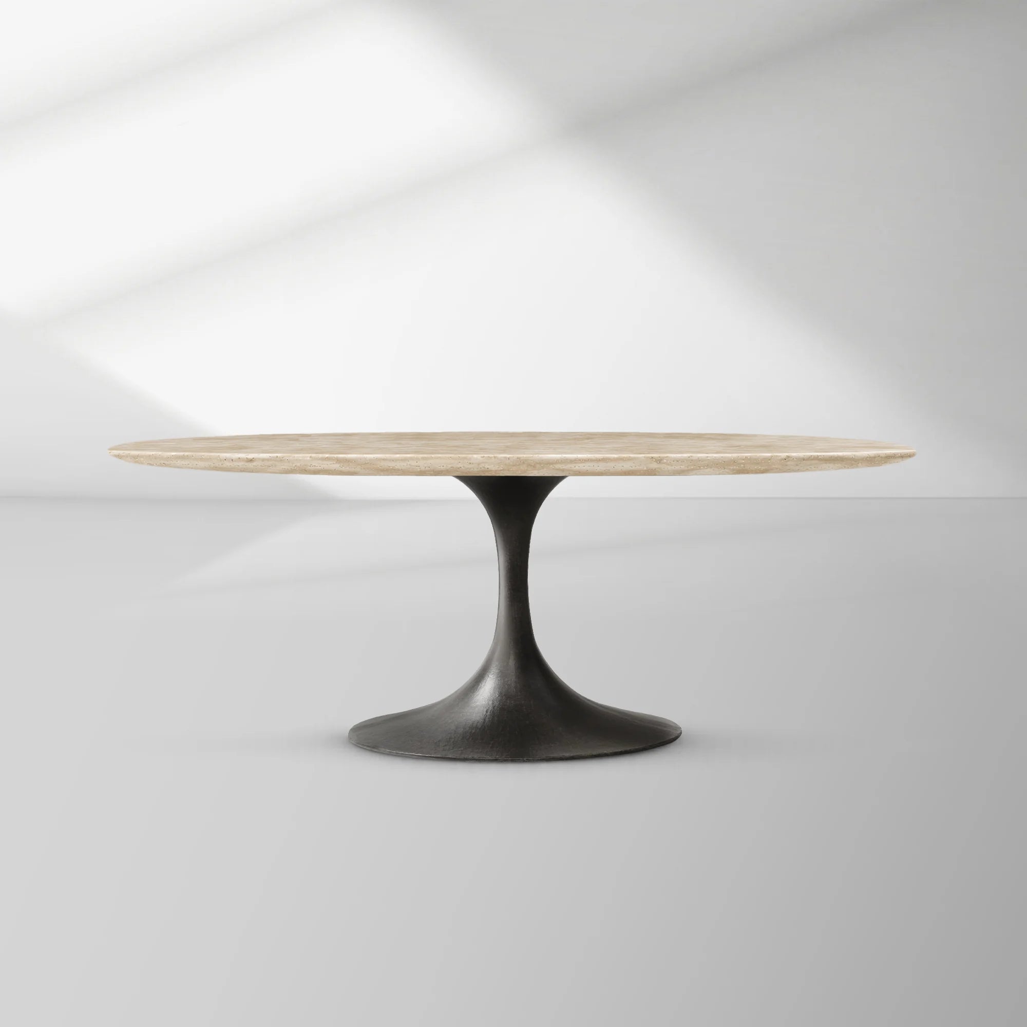 Aero Oval Stone Dining Table with Marble Top and Cast Steel Pedestal Base