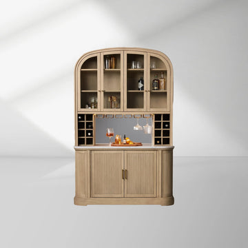 Coventry Bar Cabinet with Carrara Marble Top Glass Display Doors and Wine Storage