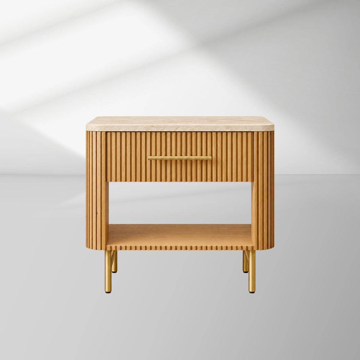 Finnley Open Nightstand Natural Stone Top Bedside Table Wood Bedroom Cabinet