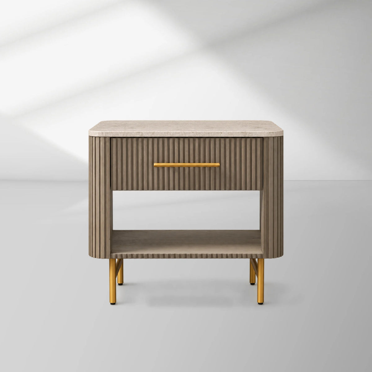 Finnley Open Nightstand Natural Stone Top Bedside Table Wood Bedroom Cabinet