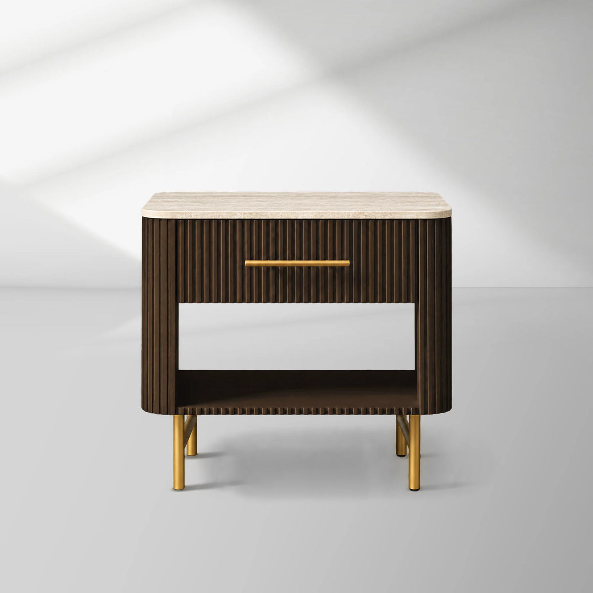 Finnley Open Nightstand Natural Stone Top Bedside Table Wood Bedroom Cabinet
