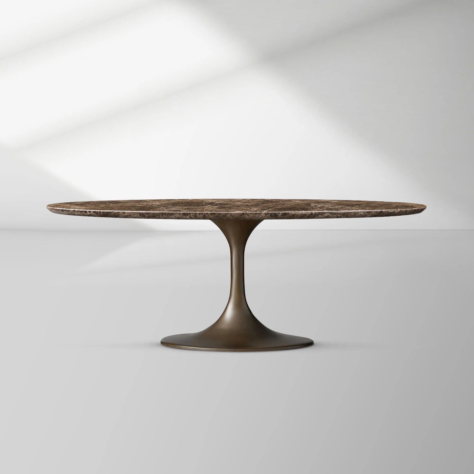 Aero Oval Stone Dining Table with Marble Top and Cast Steel Pedestal Base