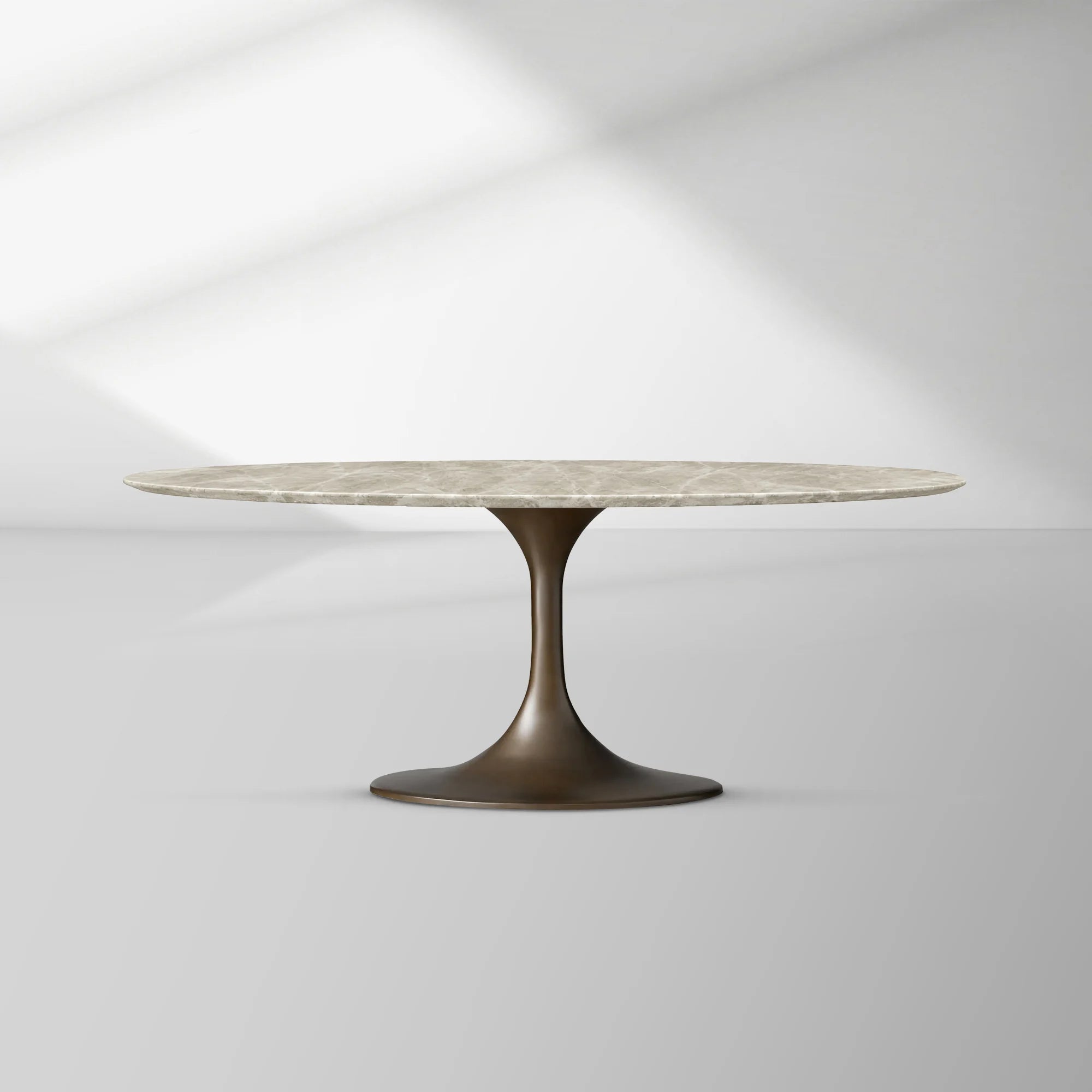 Aero Oval Stone Dining Table with Marble Top and Cast Steel Pedestal Base