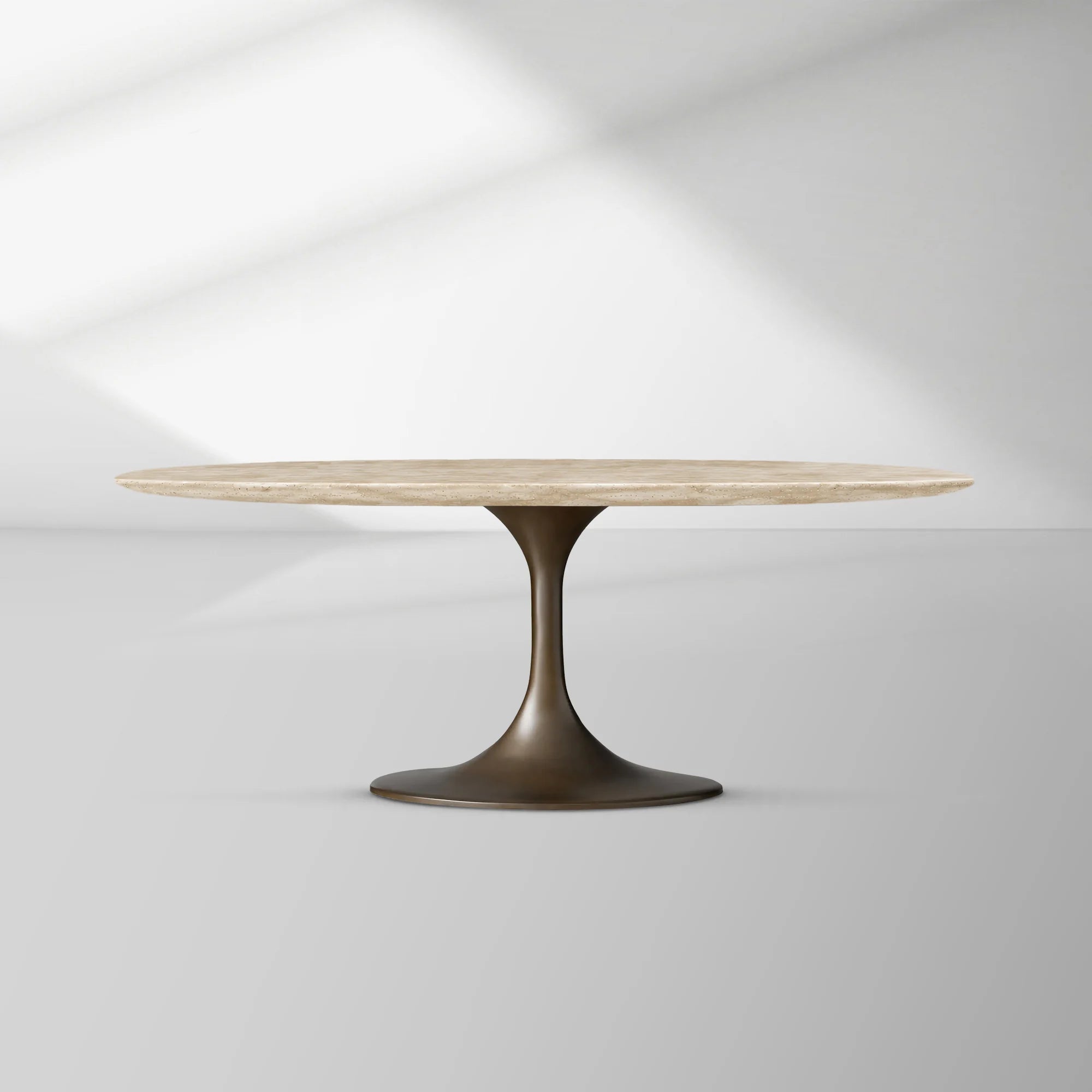 Aero Oval Stone Dining Table with Marble Top and Cast Steel Pedestal Base