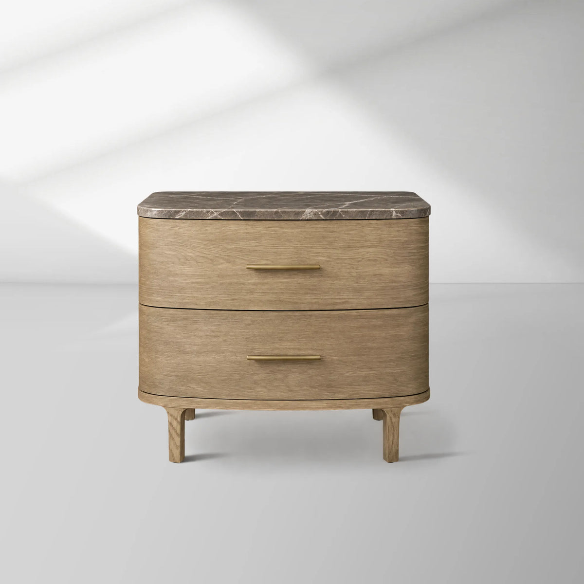 Danny Closed Nightstand Marble Top Bedside Table Brass Pulls Two-Drawer Chest