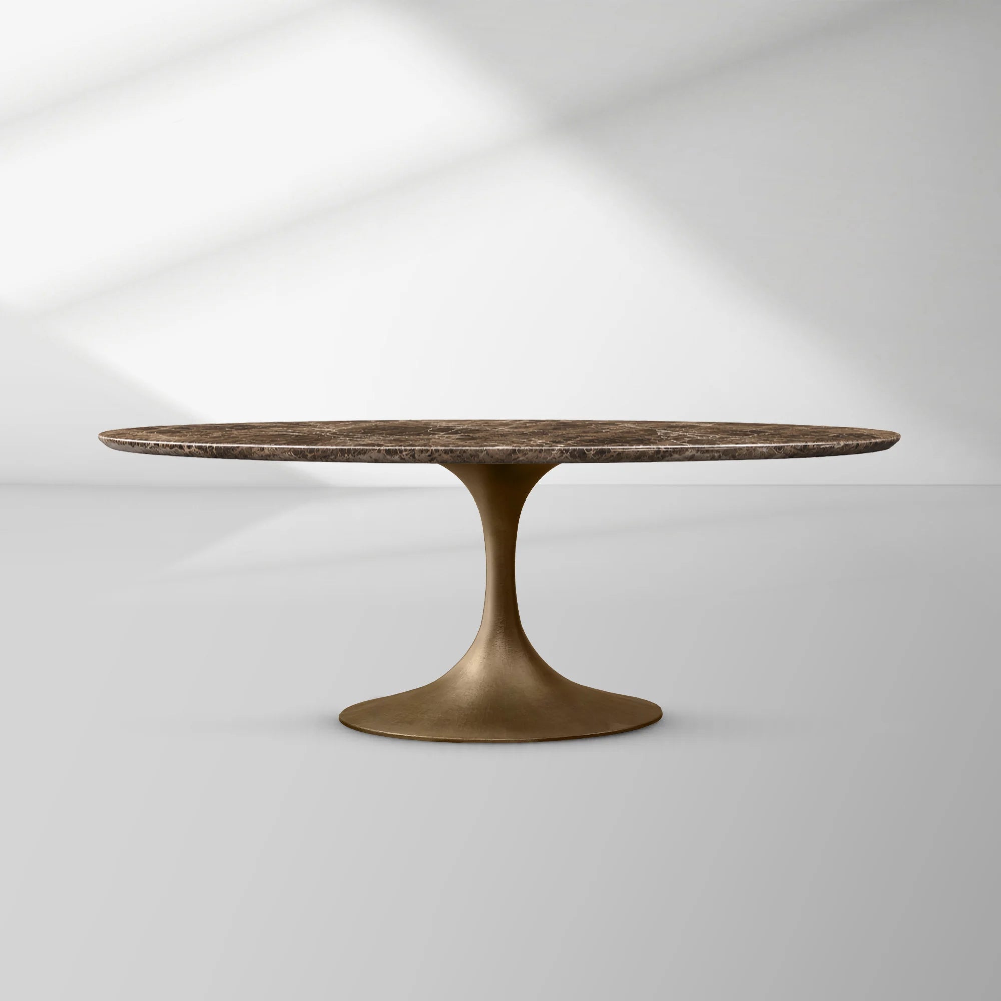Aero Oval Stone Dining Table with Marble Top and Cast Steel Pedestal Base