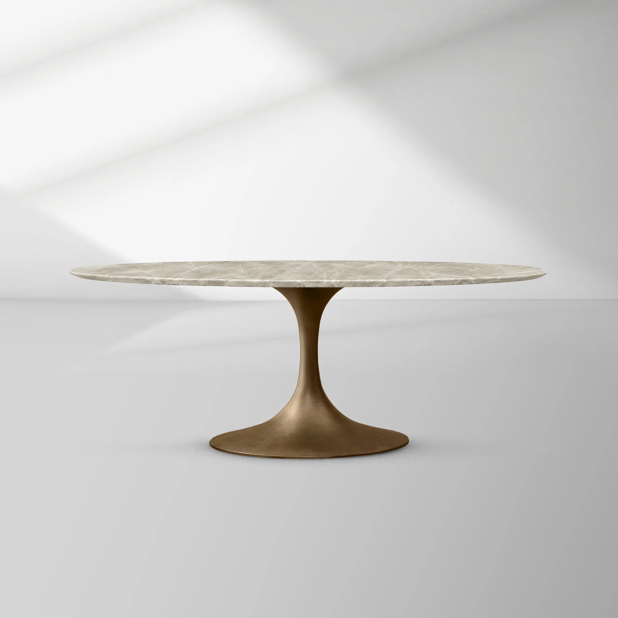 Aero Oval Stone Dining Table with Marble Top and Cast Steel Pedestal Base