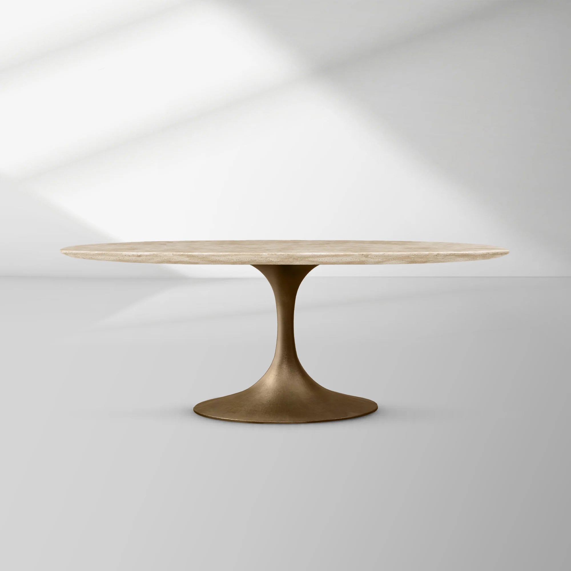 Aero Oval Stone Dining Table with Marble Top and Cast Steel Pedestal Base