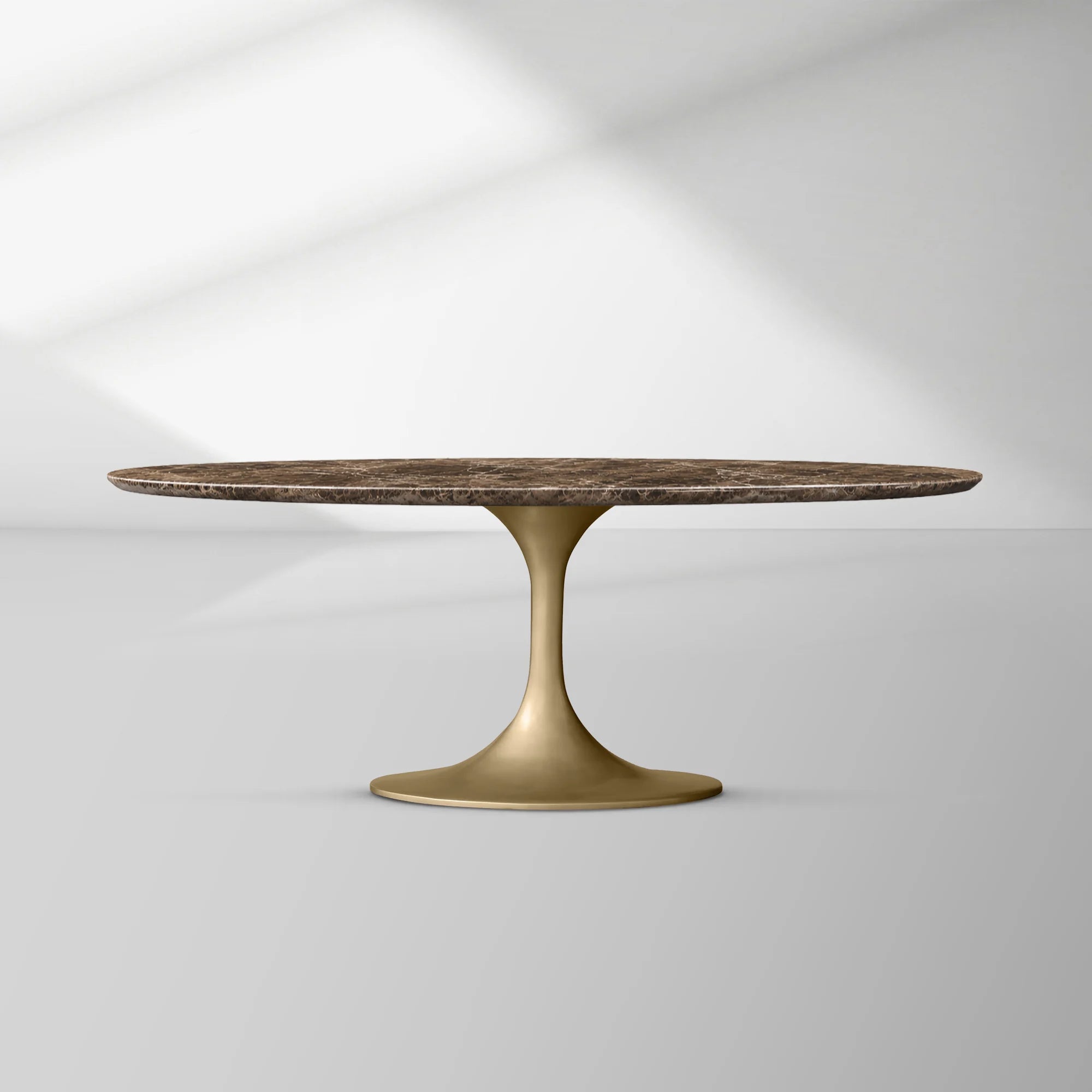 Aero Oval Stone Dining Table with Marble Top and Cast Steel Pedestal Base