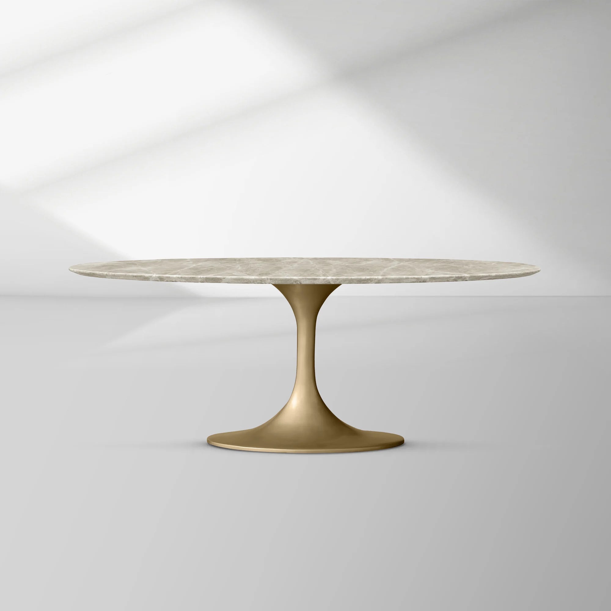 Aero Oval Stone Dining Table with Marble Top and Cast Steel Pedestal Base