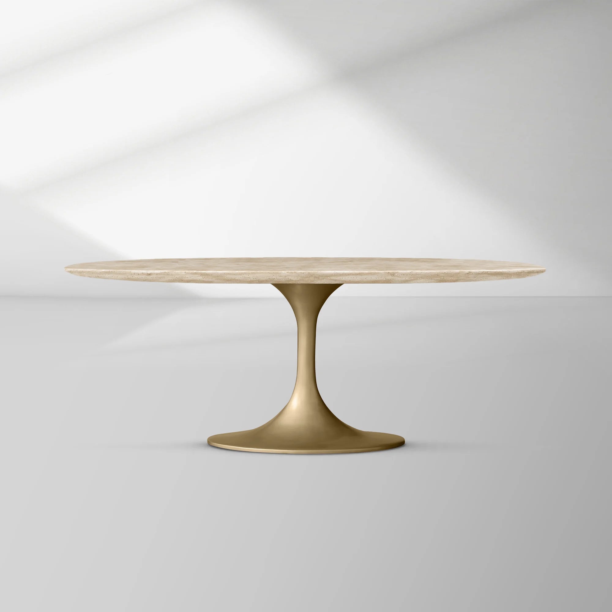 Aero Oval Stone Dining Table with Marble Top and Cast Steel Pedestal Base