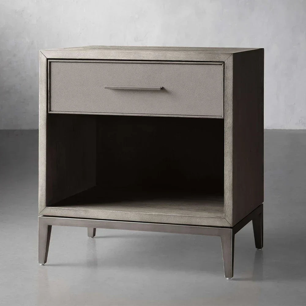 Malone Solid Wood Open Nightstand Shagreen Leather Bedside table With Drawers