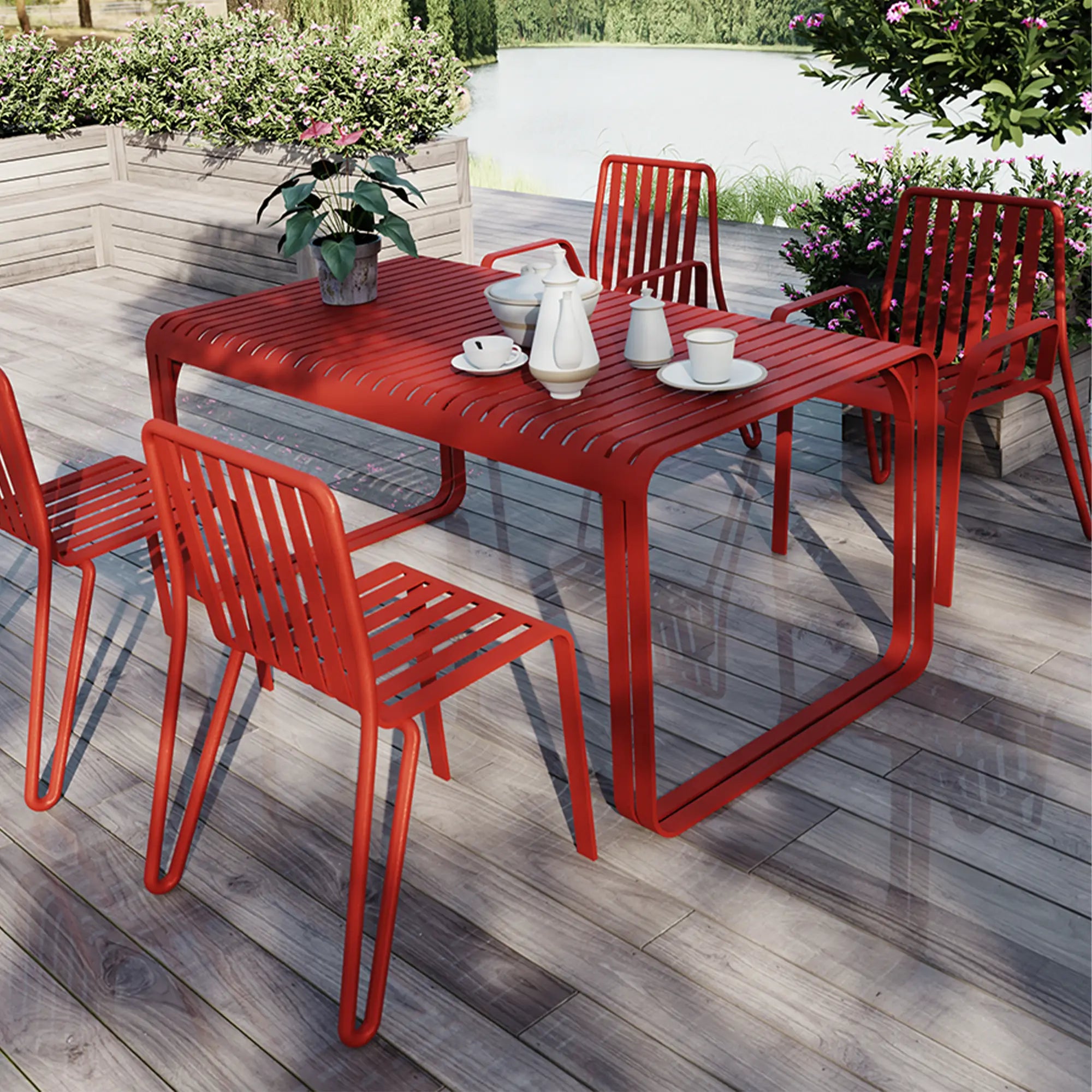 Striped Aluminum Outdoor Dining Set with Sand Surface Red Finish