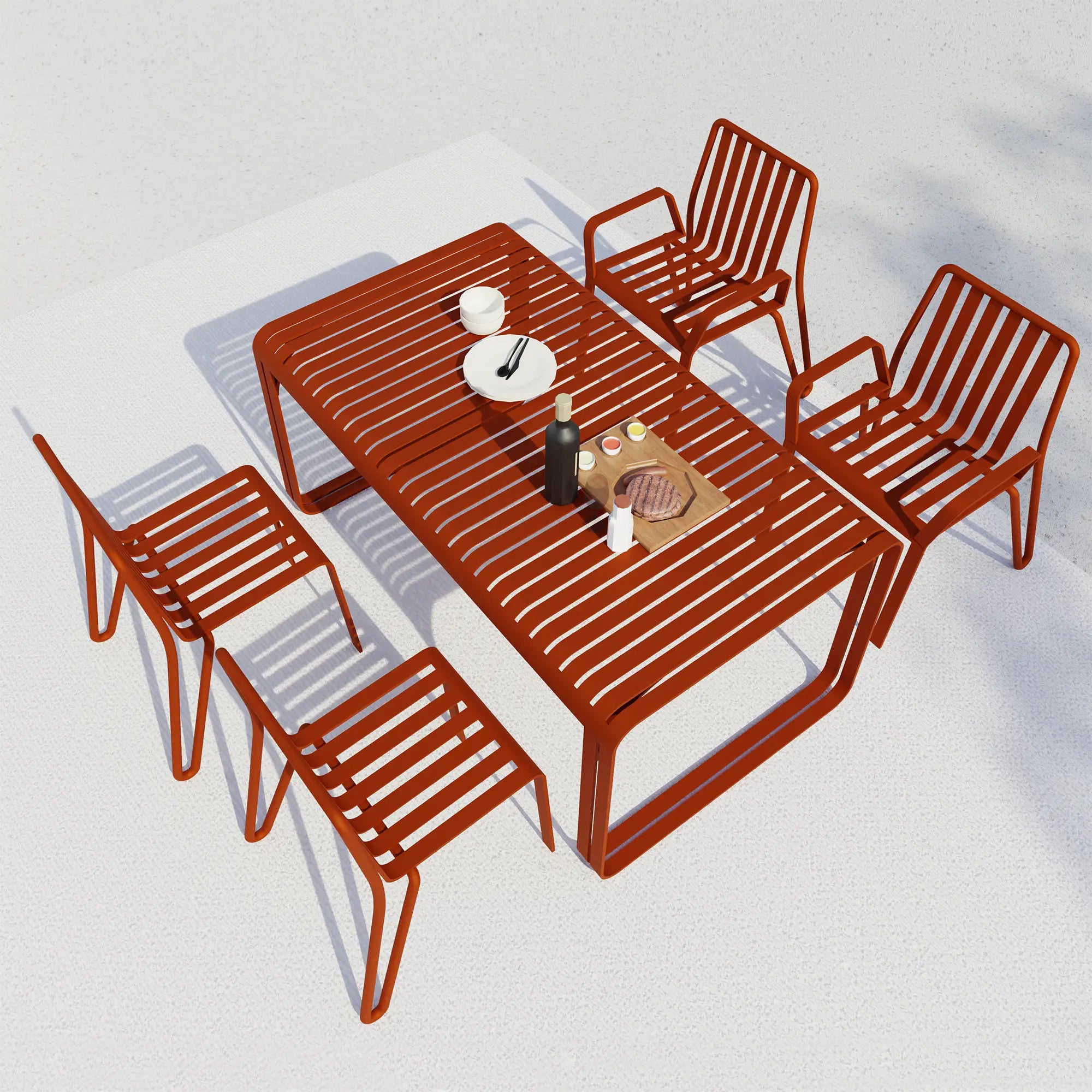 Striped Aluminum Outdoor Dining Set with Sand Surface Red Finish