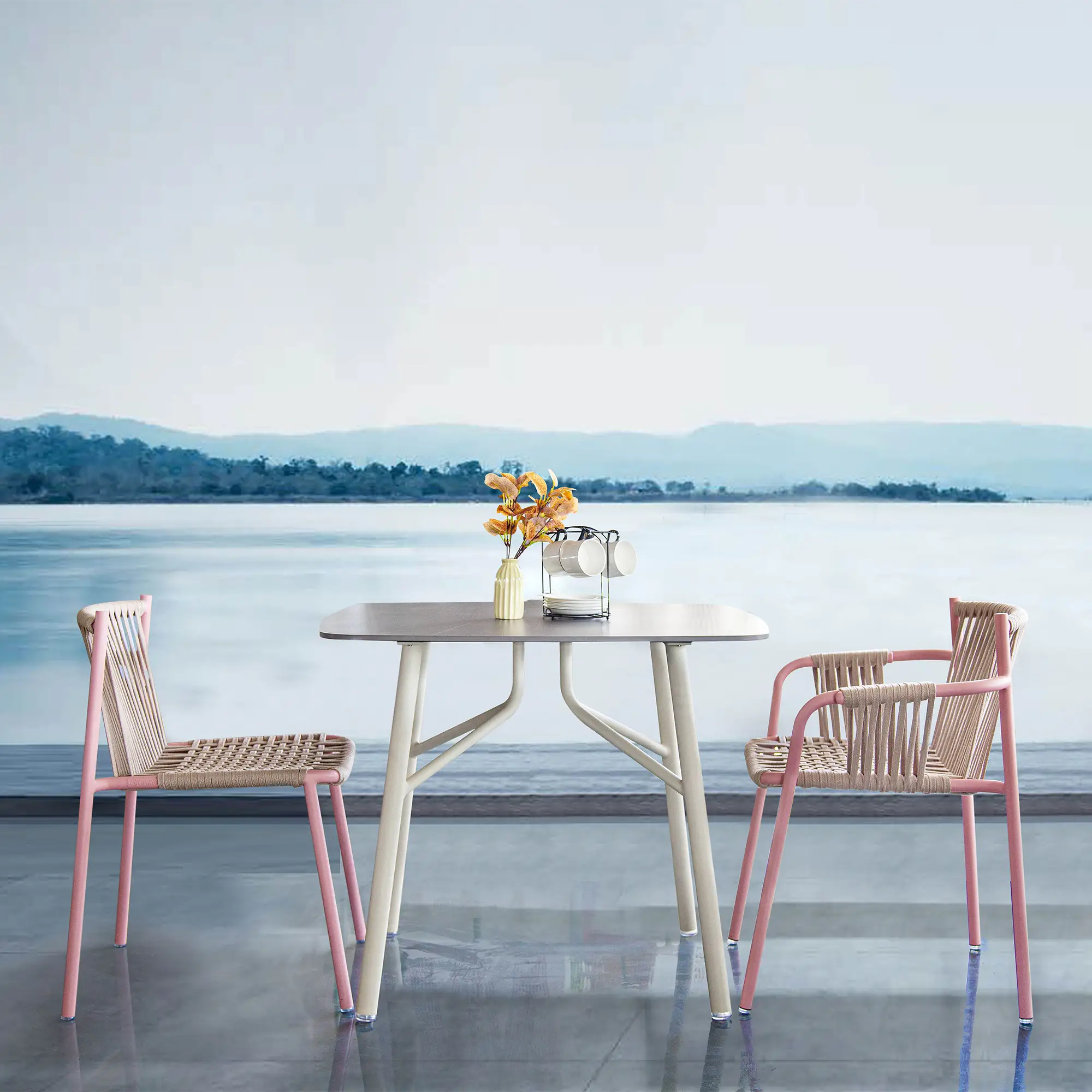 Avril Rope Accent Aluminum Outdoor Dining Chair in Flamingo Pink