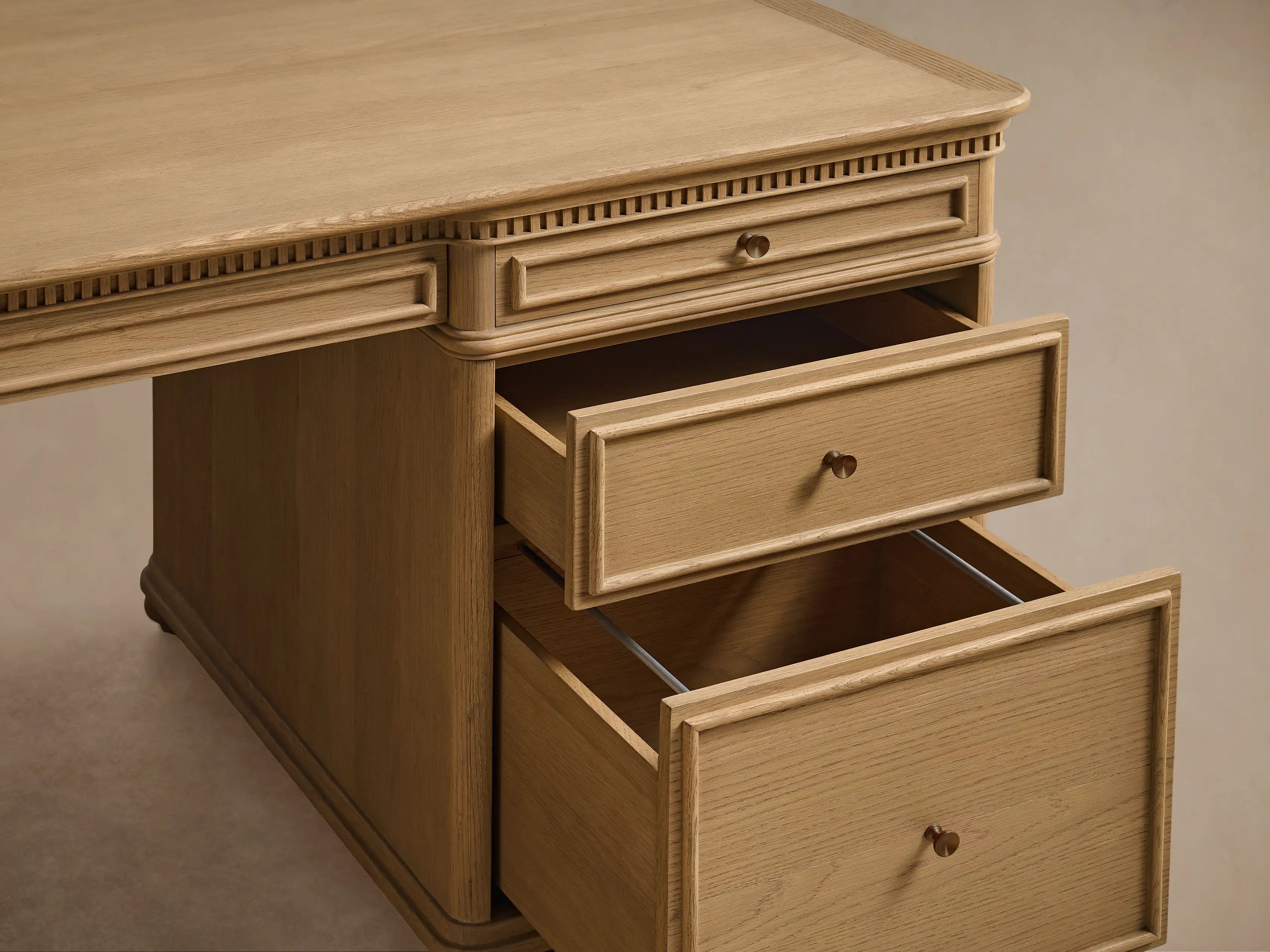 Carlisle Executive Desk with Storage Drawers and Shelving in Birch or White Oak