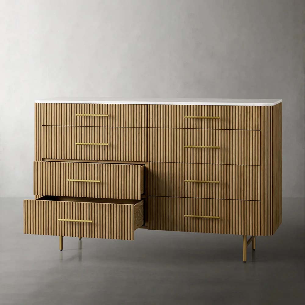 Finnley Wood Eight-Drawer Dresser with Marble or Bluestone Top Rural Chest Of 8 Drawers Cabinet