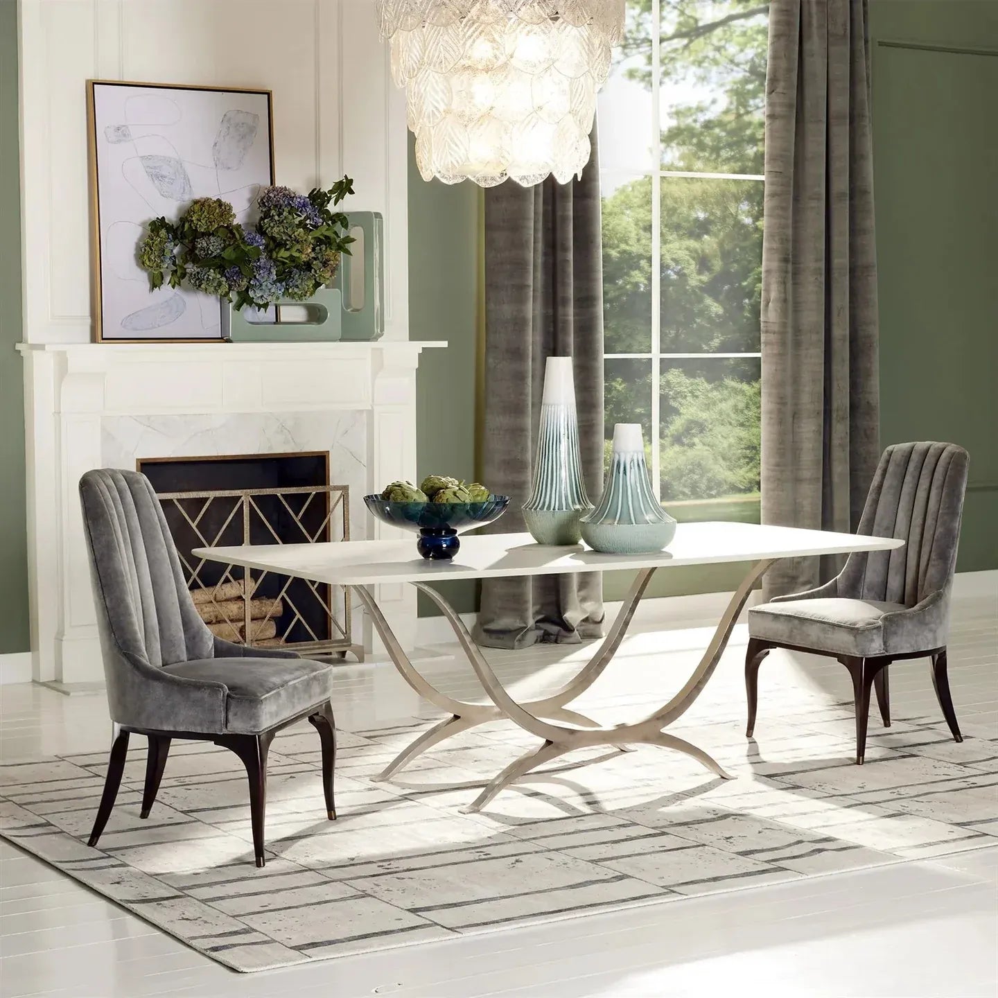 Chorda 84" Rectangular Dining Table Iron Base, Stoneware Tabletop