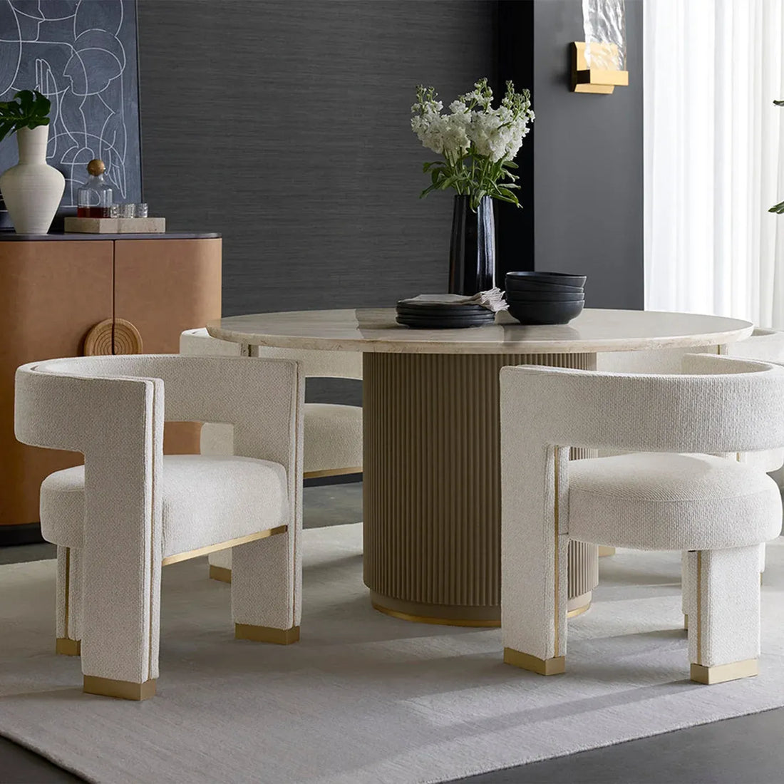 Canodi Marble Top Dining Table with Wood Fluted Base