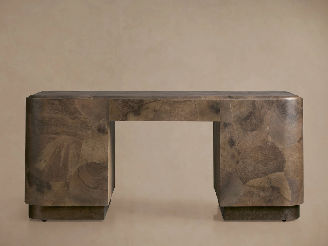 Polanco Executive Desk in Mexican Ash Burl with Soft-Close Drawer and Shelving