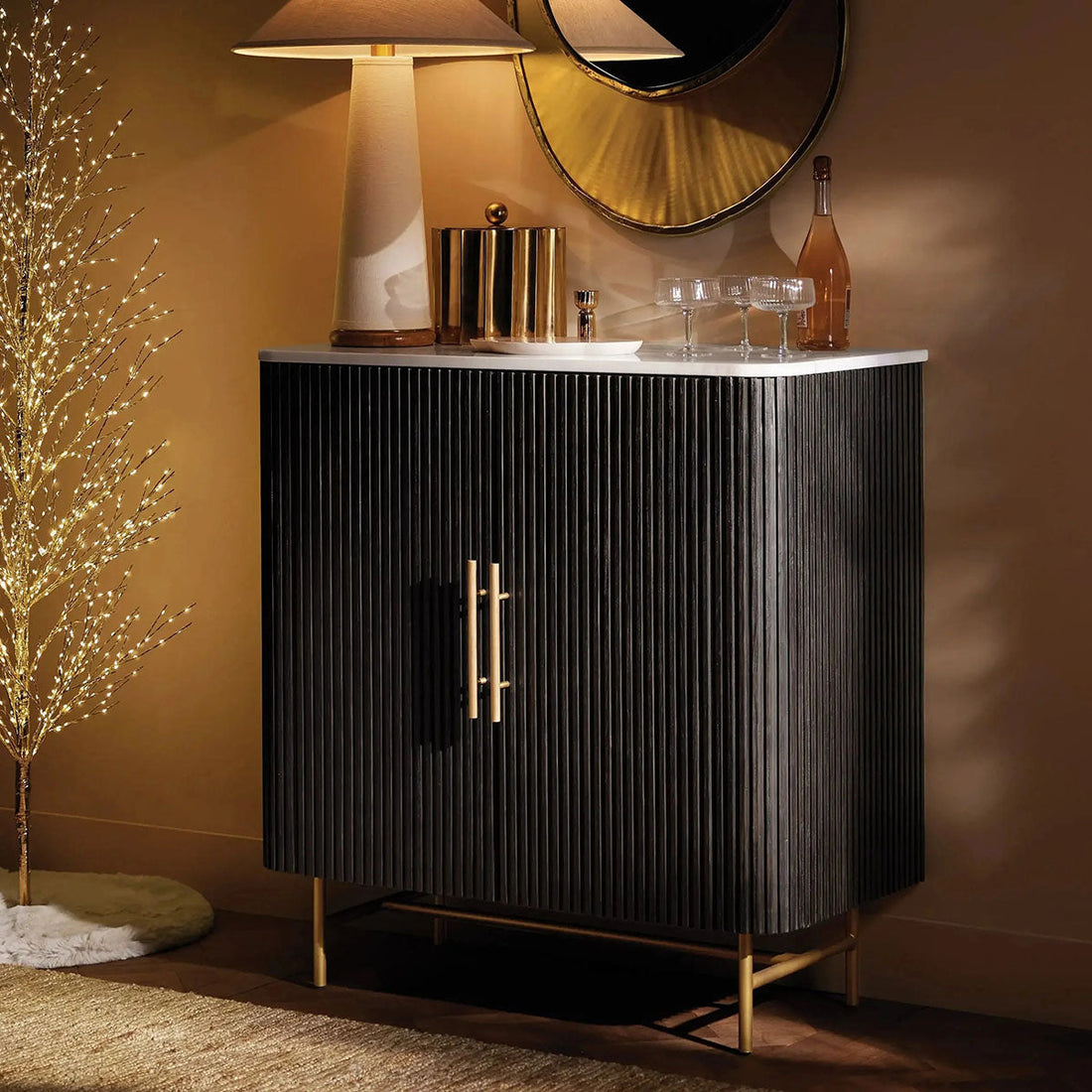 Finnley Small Stone Top Wood Bar Cabinet with Wine Rack